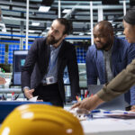 Investors and factory management executives in industrial facility gather around table to review documents, discuss research and development operational data and evaluate investment strategy