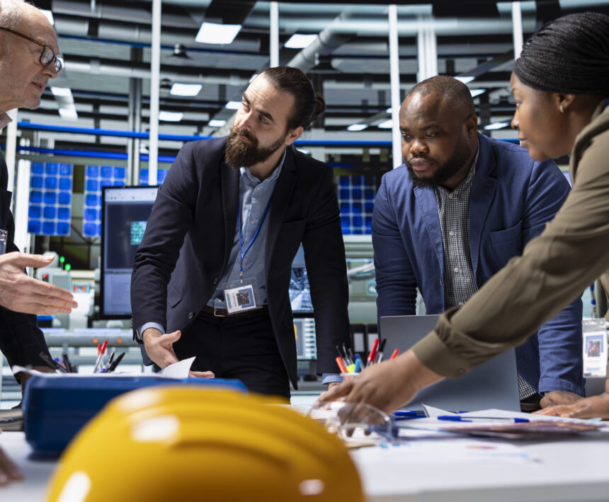 Investors and factory management executives in industrial facility gather around table to review documents, discuss research and development operational data and evaluate investment strategy
