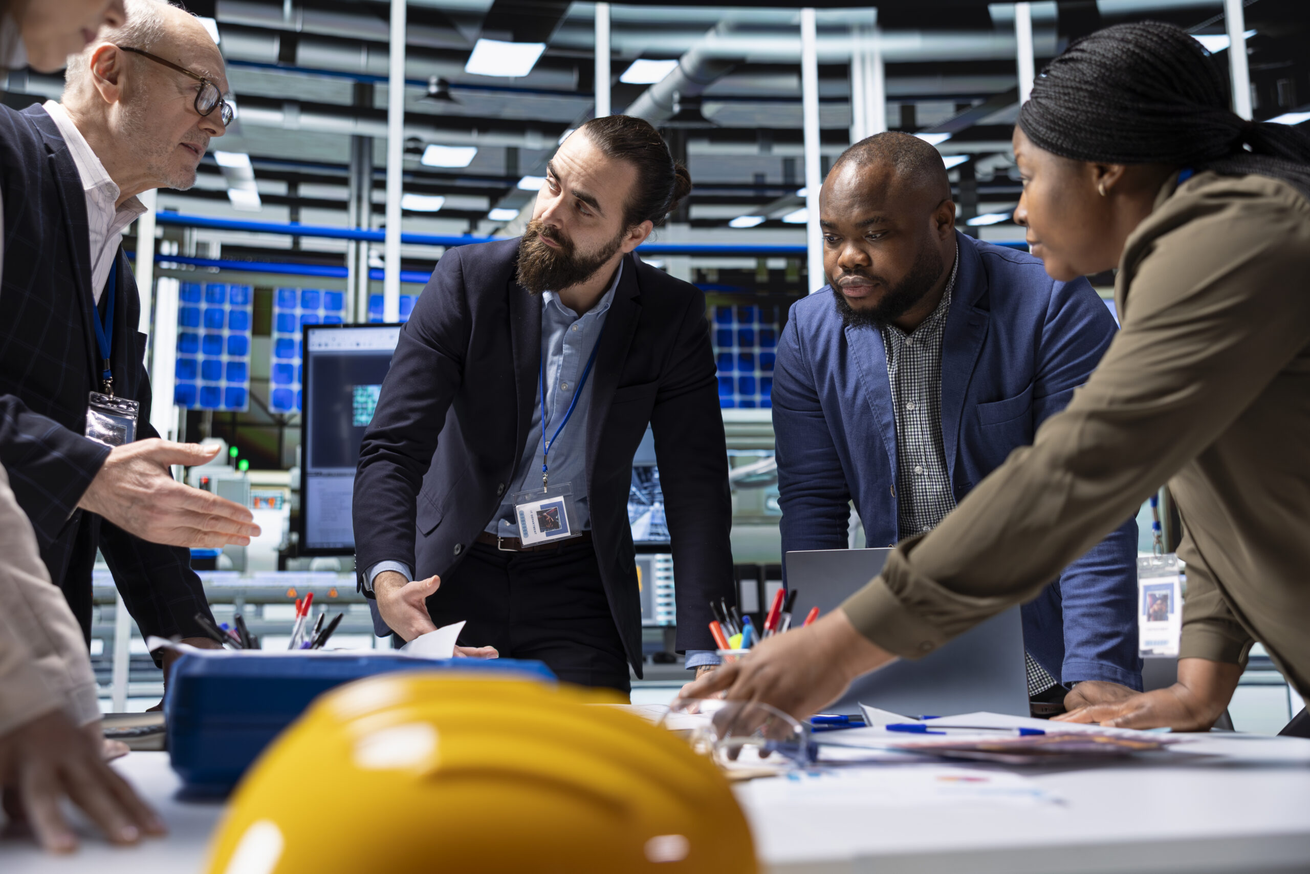 Investors and factory management executives in industrial facility gather around table to review documents, discuss research and development operational data and evaluate investment strategy